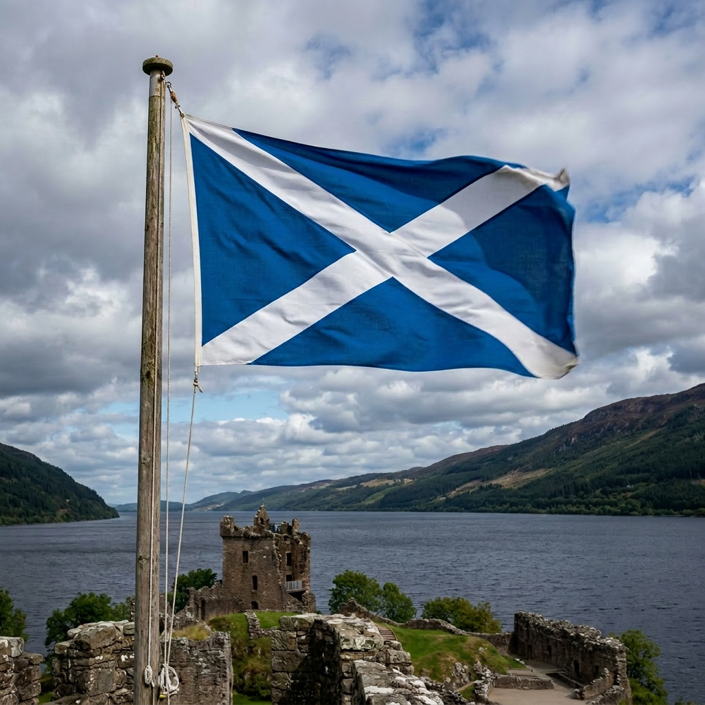 Scottish flag flying on a pole above stone ruins of Urquhart Castle beside Loch Ness